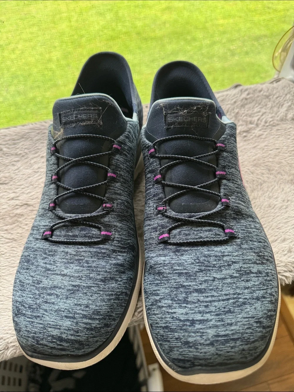 Skechers Women's Navy Knit Slip-On Sneakers with Pink Details
